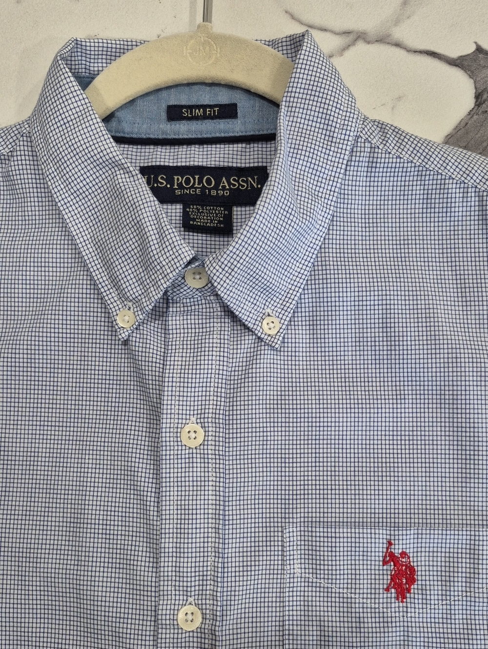US Polo Assn Short Sleeve Button Down Shirt, Mens Slim Fit Medium, Blue Check